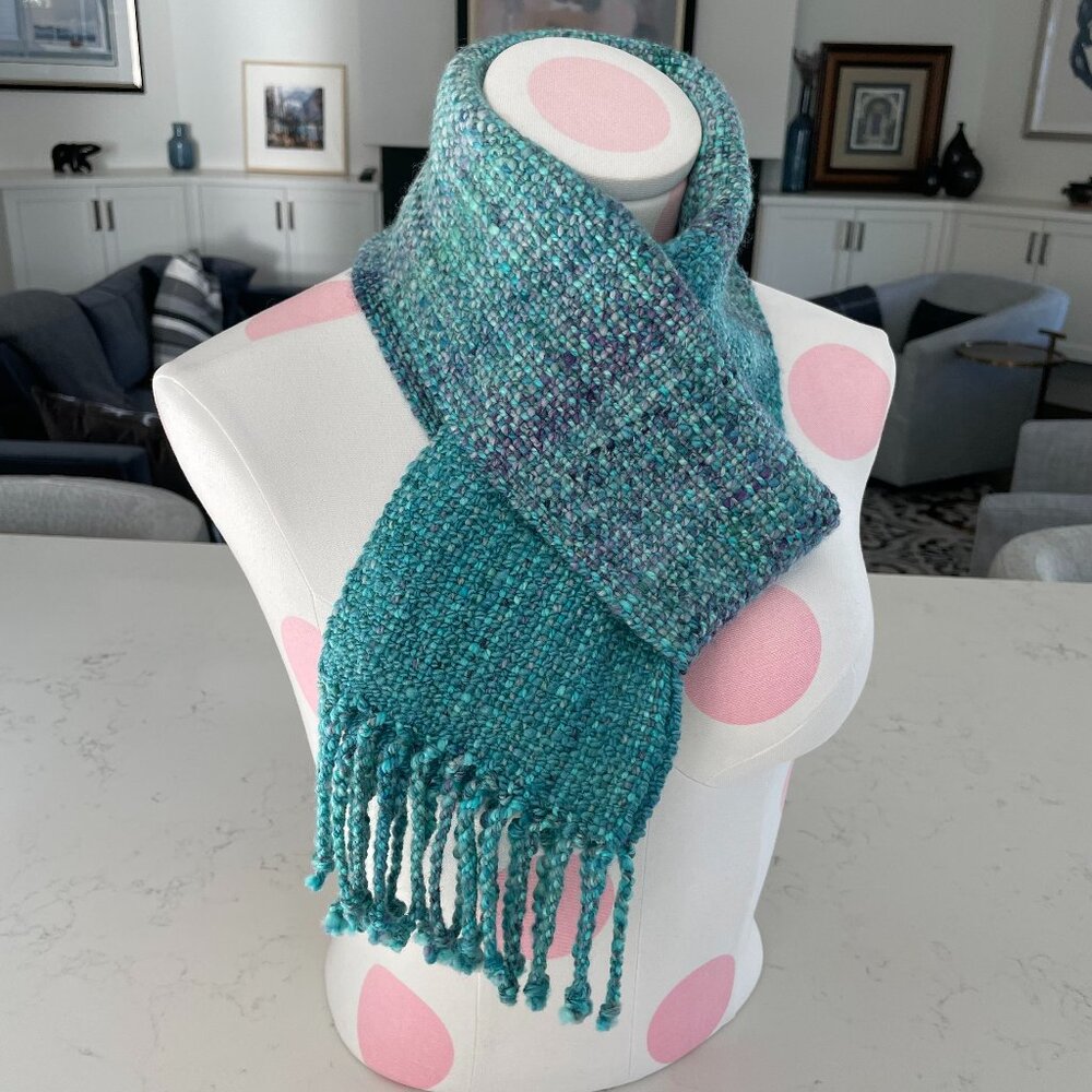 Hand Crafted Stylish Weaved Fringed Scarf in Blue Purple Green OS - no tags